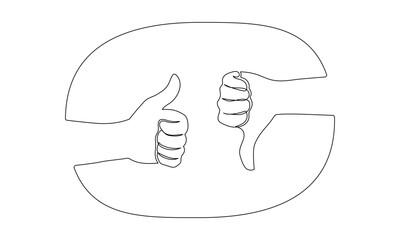 Thumbs up and down in one continuous line drawing. Hand showing like and dislike in simple linear style. Positive and negative finger in editable stroke. Doodle vector illustration