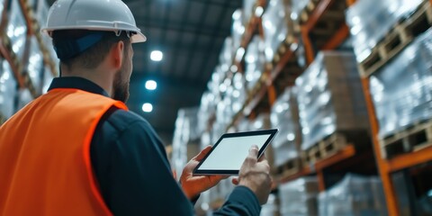 An image depicting a warehouse worker in a hard hat and safety vest, diligently checking inventory on a tablet amidst stacks of neatly organized goods, symbolizing efficiency.