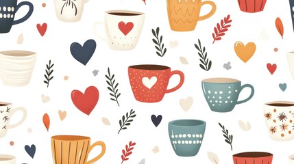 Ceramic coffee cups and tea mugs pattern, vintage Scandinavian pottery, cafe backdrop.
