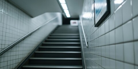 Fototapeta premium A clear and focused image of a staircase leading up from an underground subway station, illuminated with fluorescent lights, representing urban transit and the daily commute.