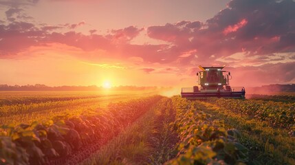 Fototapeta premium Vibrant sunset casts a warm glow over a vast wheat field in the countryside A tractor is hard at work harvesting the golden crops showcasing the productivity and abundance of the rural landscape