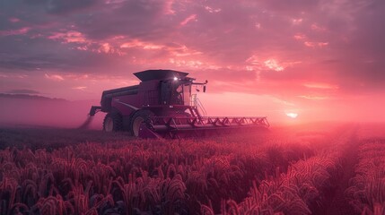 Fototapeta premium Dramatic sunset colors paint the sky in vibrant hues as a powerful combine harvester works its way through a sprawling golden wheat field