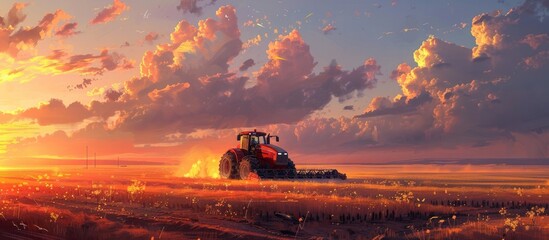Fototapeta premium Dramatic sunset landscape with tractor plowing a field in a rural countryside setting Vibrant orange and pink clouds fill the sky over the cultivated farmland