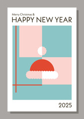 Merry Christmas and Happy New Year greeting card, event poster layout in modern abstract geometric style. Conceptual illustration with Santa hat. Bauhaus style