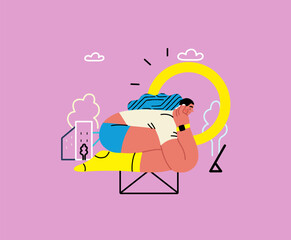 Creative workspace, modern flat vector concept illustration of a woman working sitting with a computer Remote work, flexibility, independence, efficiency, mobility, synergy, freedom