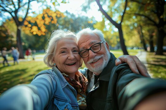 Elderly couple sharing a playful moment in a garden, capturing memories with a selfie for social media, highlighting their connection and joy in retirement - Powered by Adobe