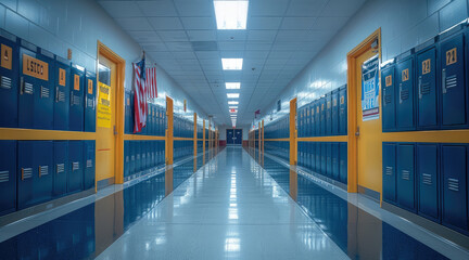 Fototapeta premium A brightly lit high school hallway. Classroom door entrances can be seen on either side of the hall, bulletin boards, School Lockers. Generative AI.