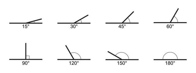 Set of angle degree icons. Collection of variuos protractor values isolated on white background. Geometric measurements. Mathematics symbols. Vector graphic illustration