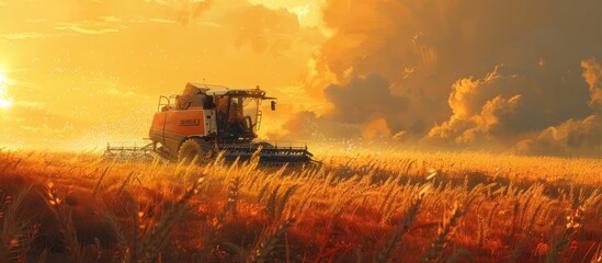 Fototapeta premium Dramatic golden sunset over a vibrant autumn farmland scene with a combine harvester working in the field capturing the beauty and productivity of the agricultural industry