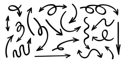 Set of black hand drawn arrow icons. Curved doodle style pointers. Swipe, downward and loop direction signs painted by pen, brush or pencil isolated on white background. Vector graphic illustration.