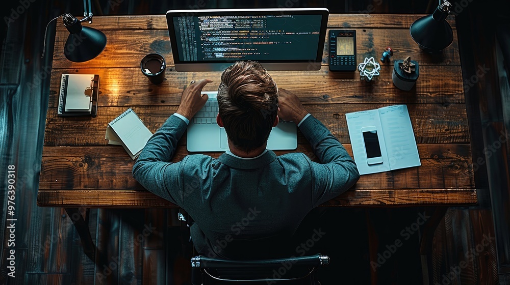 Poster Top view of a businessman working on a laptop and computer at a desk in a dark office. The man is coding with a code script screen on a desktop monitor. Generative AI.