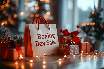 A festive shopping bag marked with boxing day sale is placed by an array of wrapped gifts and illuminated with warm fairy lights, evoking holiday cheer.