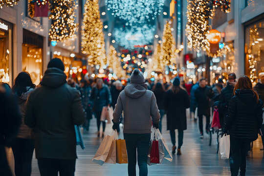 The busy shopping street is alive with holiday cheer as shoppers carry bags while surrounded by twinkling lights and decorations, creating a vibrant atmosphere.
