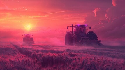 Naklejka premium Tractor plowing a field at dramatic sunset with a vibrant red orange and pink sky in a rural farmland landscape Silhouetted machinery moving through the crops