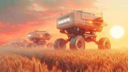 Fototapeta premium Futuristic and high tech agricultural tractor equipped with advanced technology and automation systems harvesting a vast wheat field at a dramatic and vibrant sunset sky