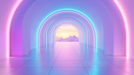 Neon-lit archway leading to a bright horizon