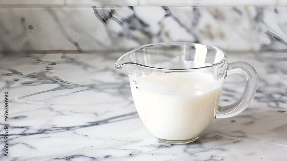 Wall mural A glass measuring cup filled with milk, sitting on a marble counter