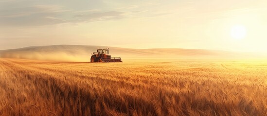 Fototapeta premium Tractor harvesting golden wheat field at sunset in peaceful idyllic countryside landscape Rural scene with agricultural machinery working in scenic outdoors environment during autumn harvest season