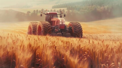 Fototapeta premium Powerful red tractor plowing through a golden wheat field in the picturesque autumn countryside Agricultural machinery working in a rural landscape under a warm hazy sky