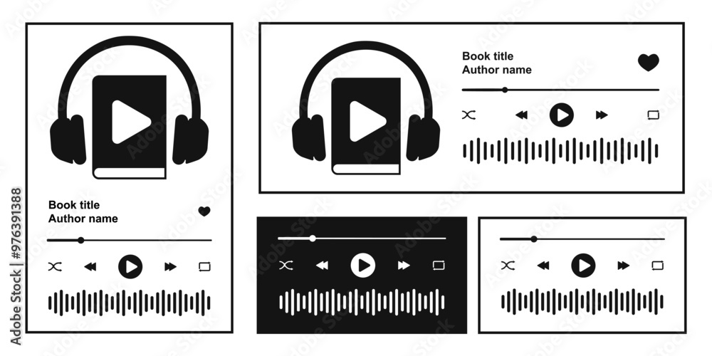 Wall mural audiobook app template with progress slider bar, equalizer sound wave and buttons. interface of audi