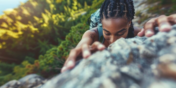 Climbing and fitness with a woman on a rocky mountain, promoting health and exercise during a summer adventure in nature