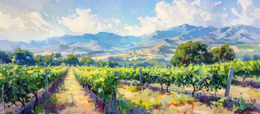 Wall mural breathtaking panoramic view of a lush vibrant vineyard with rows of green grape vines stretching acr