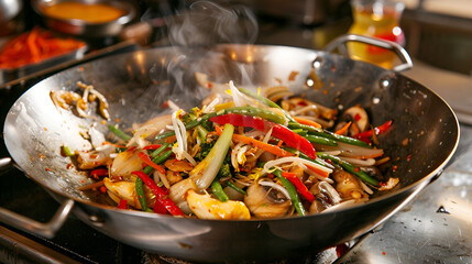 A large stainless steel wok with stir-fried vegetables inside