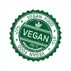 Vegan food. Rubber stamp. 100% vegan. Vector illustration on isolated white background