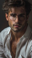 Attractive young man gazing off to the side, sporting glasses and a slightly open shirt