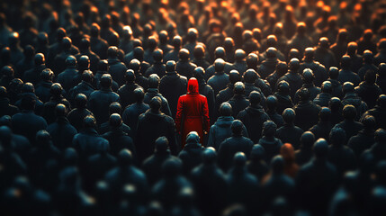 Obraz premium Red figure among uniformed crowd