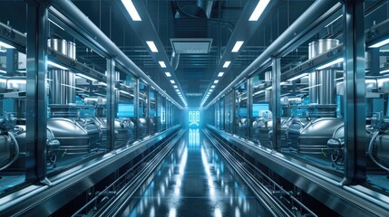 Fototapeta premium Futuristic hallway interior in a high tech industrial facility featuring a sleek minimalist design with symmetrical lighting and a controlled automated environment for manufacturing or engineering