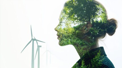 Woman with Double Exposure of Wind Turbine and Forest Symbolizing Renewable Energy and Sustainability