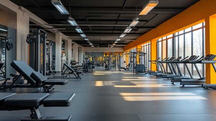 Modern gym interior with equipment with yellow walls and a black floor