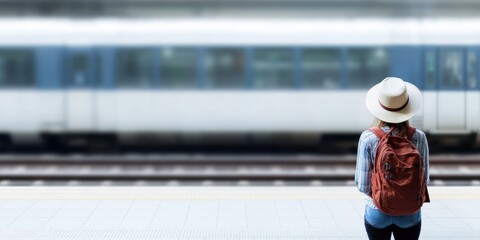 A person with a backpack and hat stands alone on a train station platform, watching a train in the background, perhaps symbolizing a journey or new adventure.