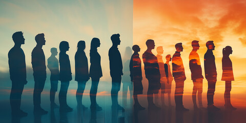 Silhouettes of people against a colorful sky