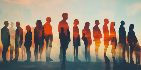 Silhouettes of people against a colorful sky