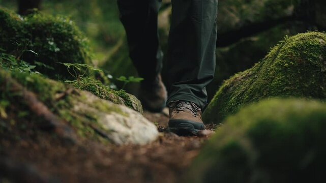 Close up gimbal shot of male hiker walking along path in mountain forest, foot steps among stones covered with green moss. Man in trekking shoes going in woodland. Slow motion steady shot