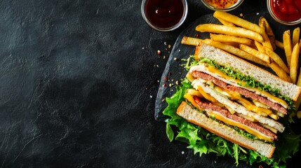 A high-quality AI-generated stock image of a classic club sandwich with fries on the right side, leaving space on the left for text. Perfect for food, dining, and restaurant content.