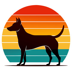 Dog Silhouette Sunset: A nostalgic silhouette of a dog stands proudly against a vibrant retro sunset, evoking feelings of warmth and companionship. The design is perfect for pet lovers, dog owners, an