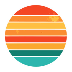 Retro Sunburst: A vibrant and nostalgic graphic design featuring a circular sunburst with a vintage aesthetic. The sunburst is composed of horizontal stripes in a rainbow of colors, reminiscent of the