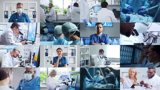 Collection of images featuring medical professionals and scientist in lab and surgery, highlighting teamwork, innovation, and advanced healthcare technology.
