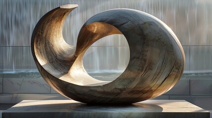 Modern Wood Sculpture with Waterfall Background