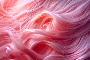 Fototapeta premium Curly strands of soft pink hair cascade beautifully, creating a vibrant and textured appearance. The pastel tones blend harmoniously, evoking a playful, whimsical feel