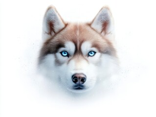 Obraz premium Majestic husky with striking blue eyes, showcasing its beauty and grace in a soft, artistic on a white background.