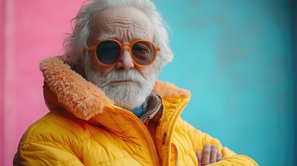 Funny old person portraits. 80s style outfit. Dab dance on colored backgrounds. Concept about seniority and old people