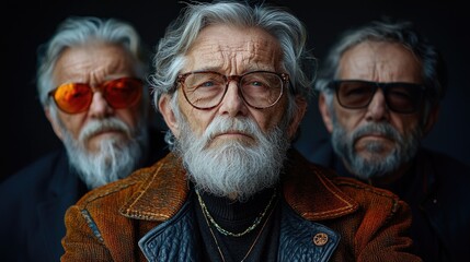 Funny old person portraits. 80s style outfit. Dab dance on colored backgrounds. Concept about seniority and old people