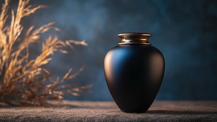 Elegant black urn with a golden rim displayed alongside dried grass in a softly lit setting