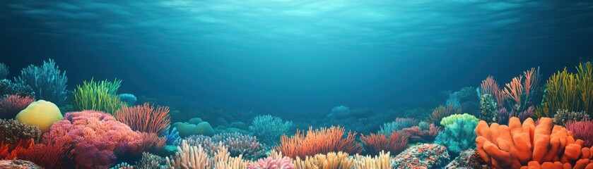 Vibrant underwater scene showcasing colorful coral reefs and diverse marine life, highlighting the beauty of ocean ecosystems.