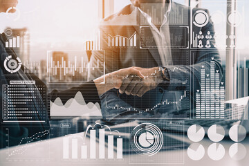 Big Data Technology for Business Finance Analytic Concept. Modern interface shows massive information of business sale report, profit chart and stock market trends analysis on screen monitor. uds