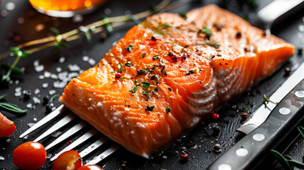 A stainless steel fish spatula lying next to a cooked salmon fillet
